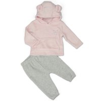 H33559:  Baby Pink Bear Hooded Plush Fleece Top & Jog Pant Set (6-24 Months)